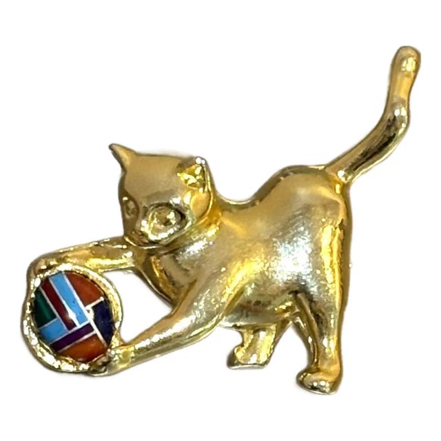 Gold Tone Enamel Cat Brooch For Sale