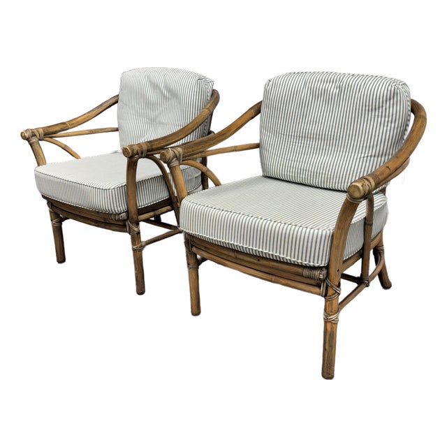 McGuire Furniture Bamboo Barrel Club Chairs, Pair Circa 1970's For Sale