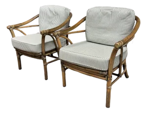 McGuire Furniture Bamboo Barrel Club Chairs, Pair Circa 1970's