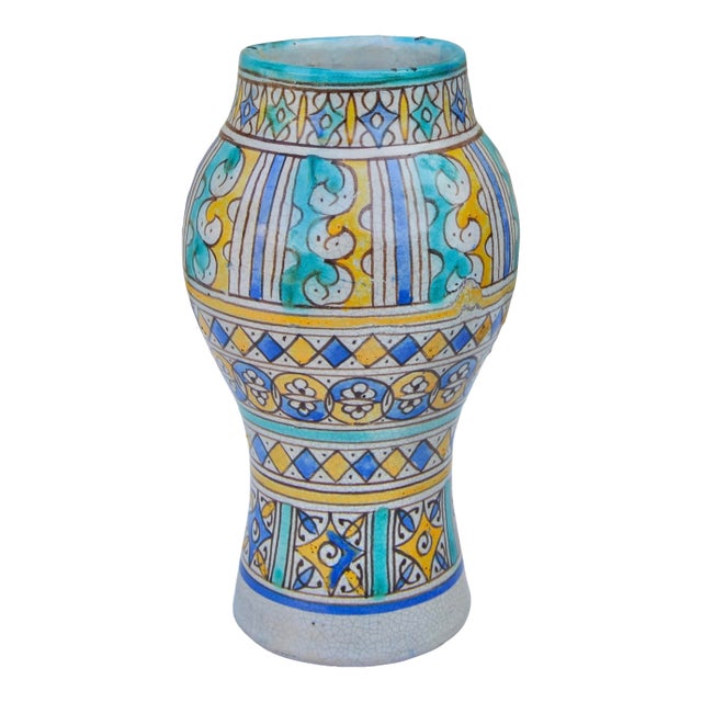 Early 20th Century Handmade Orange & Turquoise Moroccan Ceramic Vase For Sale