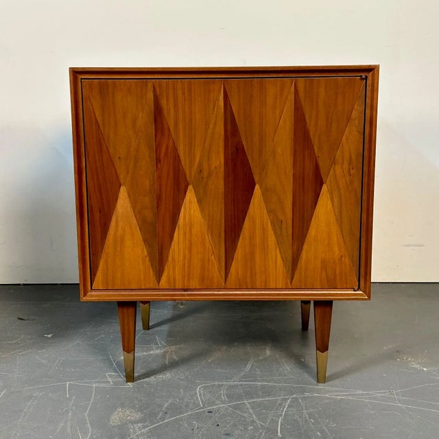 Pair of Danish Mid-Century Modern Style Geometric Nightstands, Walnut, Brass For Sale - Image 10 of 13
