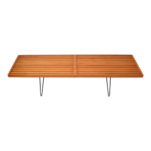 1980s George Nelson Style Oak Slat Bench With Steel Hairpin Legs Attributed to Knoll
