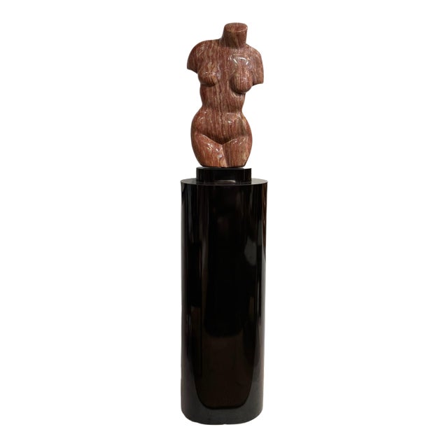 Italian 1980 Signed Marble Female Torso Sculpture on Rotating Black Lacquered Pedestal For Sale