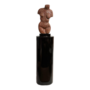 Italian 1980 Signed Marble Female Torso Sculpture on Rotating Black Lacquered Pedestal