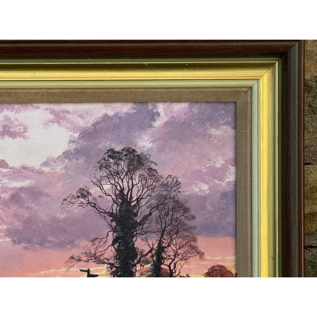 Wood Winter Sunset with Snow - Pink, Orange & Purple Sky in the English Countryside 1987 For Sale - Image 7 of 9