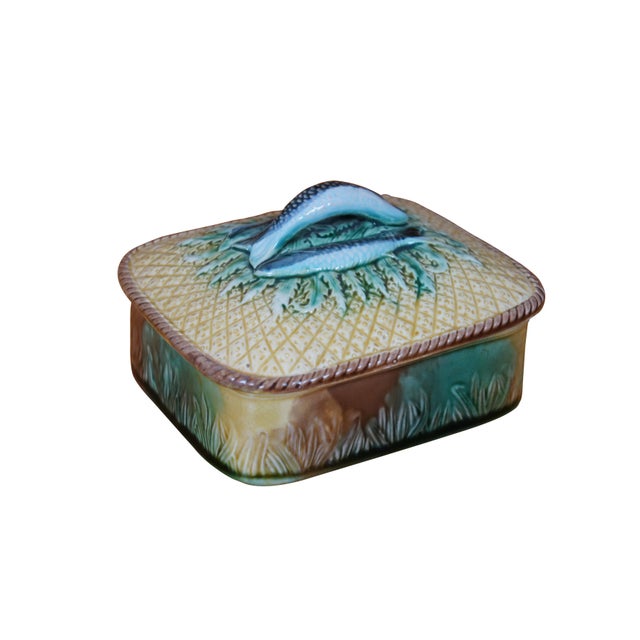 Victorian Antique Majolica Adams & Bromley Pineapple Basketweave Sardine Fish Box For Sale - Image 3 of 10