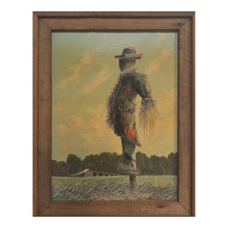 Early 20th Century The Enigmatic Sentinel: A Pastoral Scarecrow Scene in Oil and Sgraffito For Sale