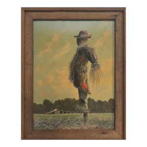 Early 20th Century The Enigmatic Sentinel: A Pastoral Scarecrow Scene in Oil and Sgraffito