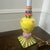 Vintage colorful handpainted ceramic candlestick lamp in style of Mackenzie Childs. Features a yellow base with pink...