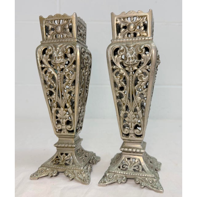 Pair of Antique Victorian Reticulated Open Worked Nickel Plated Brass Vases For Sale - Image 4 of 11
