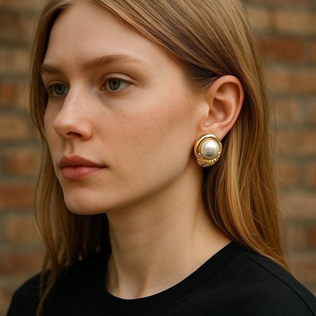 Gold 14k Yellow Gold Scroll Design Mabe Pearl Vintage Earrings For Sale - Image 8 of 10