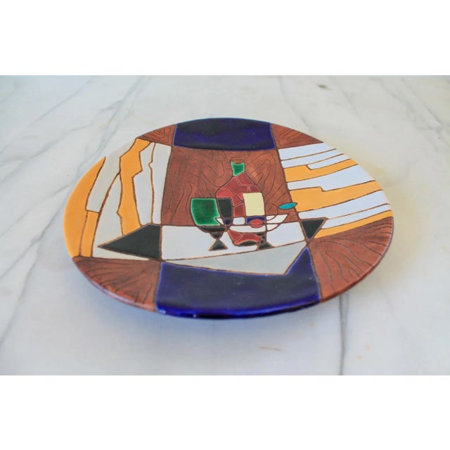Mid-Century Modern Mid -Century Keramos Israeli Hand Painted Enameled Ceramic Wine Themed Plate For Sale - Image 3 of 6