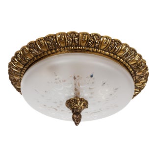1960s Small Brass & Frosted Glass Flush Mount Fixture For Sale