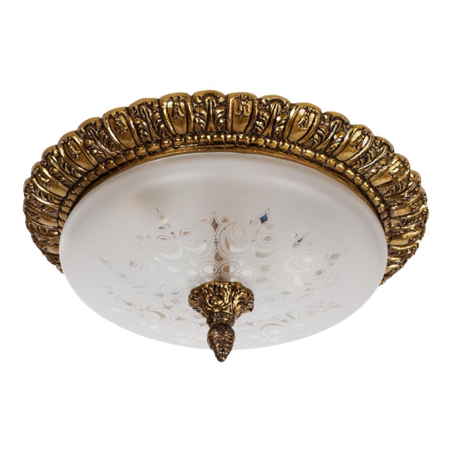 1960s Small Brass & Frosted Glass Flush Mount Fixture For Sale