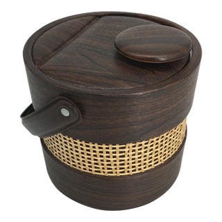 1970s Wood Grain Vinyl With Cane or Rattan Weave Ice Bucket For Sale