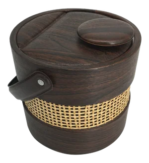 1970s Wood Grain Vinyl With Cane or Rattan Weave Ice Bucket
