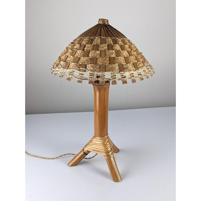 Bamboo and Rattan Table Lamp with Woven Shade, 1950s For Sale - Image 4 of 16