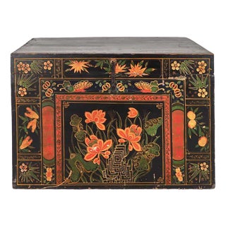 Antique Wooden Box with Illustrations of Lotus Flowers, 1900s For Sale