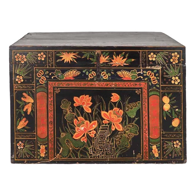 Antique Wooden Box with Illustrations of Lotus Flowers, 1900s For Sale