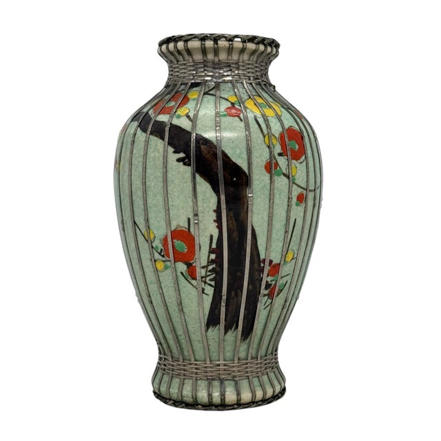 Mid 20th Century Japanese Silver Wire Wrapped Hand Painted Pottery Vase With Multicolored Floral Design For Sale - Image 12 of 12