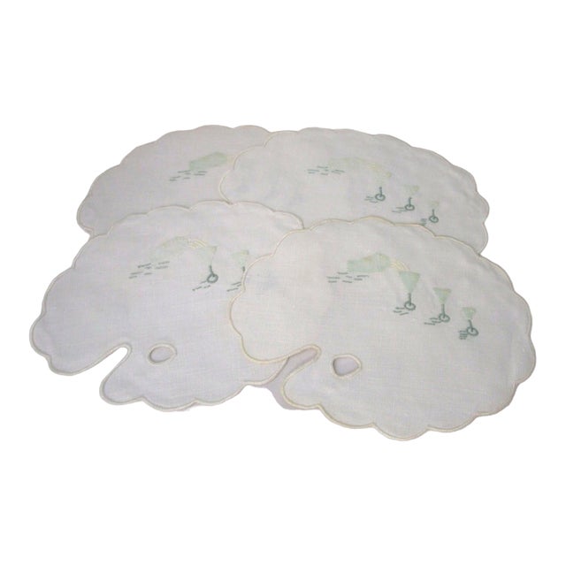 1960s Artist Palette Shaped Cocktail Napkins With Applique Martini Glasses and Shaker- Set of 4 For Sale
