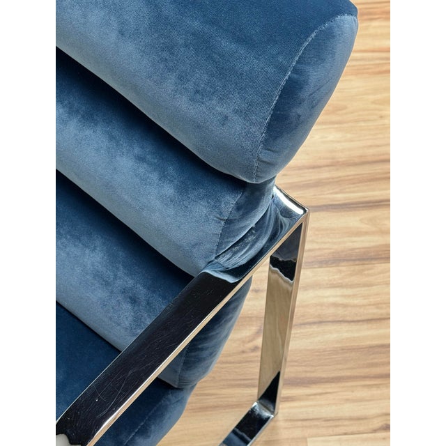 Vintage Newly Upholstered Blue Velvet Chrome Sling Chairs, a Pair For Sale - Image 12 of 18
