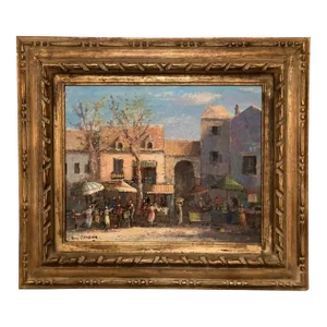 Guy Cambier "Flower Market" Vintage Figurative Oil Painting