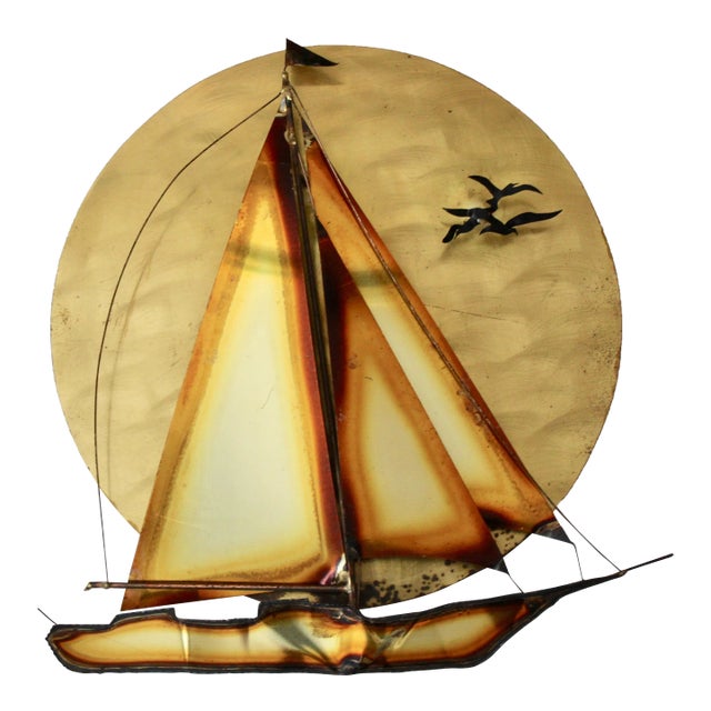 Curtis Jere Style Vintage Mid Century Brass Sun Flying Birds Sailing Boat Wall Decoration Sculpture For Sale