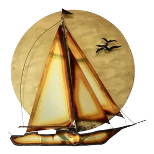 Curtis Jere Style Vintage Mid Century Brass Sun Flying Birds Sailing Boat Wall Decoration Sculpture