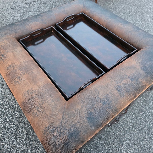 Early 21st Century Lorts[attributed] Spanish Revival Distressed Leather Tray-Top Cocktail Coffee Table For Sale - Image 11 of 11