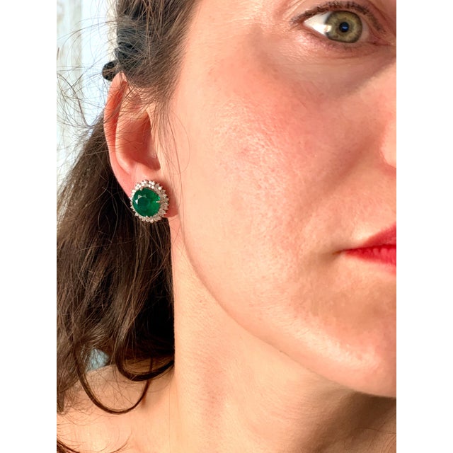 Gemstone 11 Carat Round Emerald and Diamond Stud Earrings 14 Karat White Gold For Sale - Image 7 of 18
