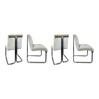 1970s Set of 4 Vintage Chrome and Velvet Milo Baughman Style Dining Chairs in Light Sage Green For Sale