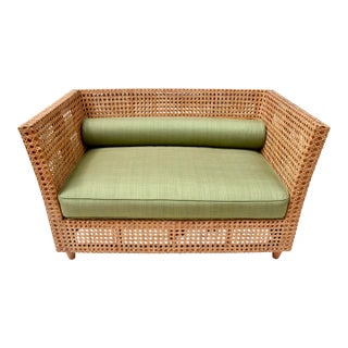 Modern Cane & Teak Settee in Sunbrella Upholstery For Sale