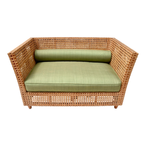 Modern Cane & Teak Settee in Sunbrella Upholstery