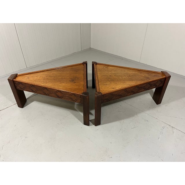 Mid-Century Modern Brutalist Triangular Shaped Oak Coffee Side Tables, 1970s, Set of 2 For Sale - Image 3 of 18