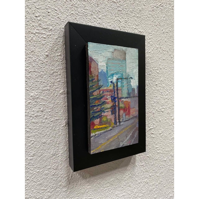 Impressionist Snowy City Atmosphere by Delton Demarest | Oil on panel Cityscape with snow and buildings. For Sale - Image 3 of 5