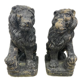 Mid-20th Century Plantation Estate Cast Stone Guard Lions - A Mirroring Pair For Sale