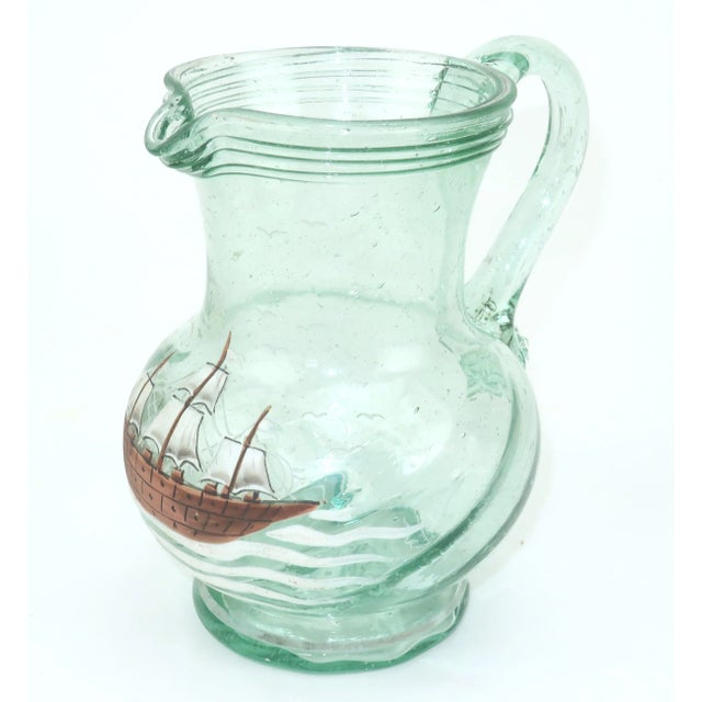 Mid 20th Century Vintage Hand Blown Glass Bar Pitcher With Painted Ship & Nautical Motif For Sale - Image 5 of 10