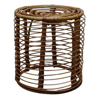 Vintage Cylindrical Rattan and Bamboo Stool by Tito Agnoli, 1960s For Sale