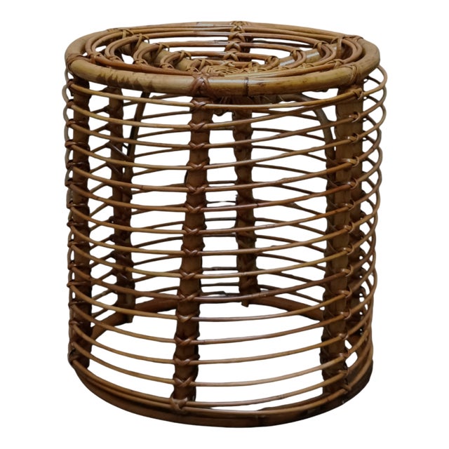 Vintage Cylindrical Rattan and Bamboo Stool by Tito Agnoli, 1960s For Sale