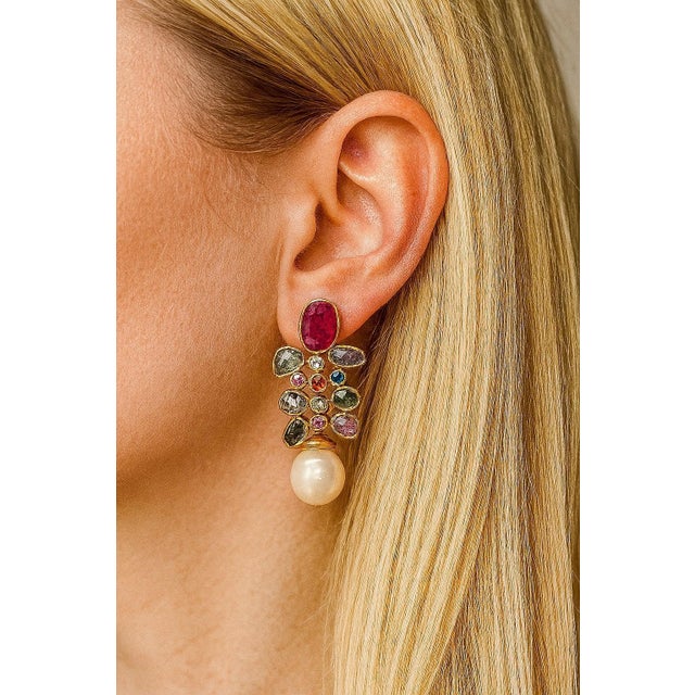 Bochic "Capri" Vintage Ruby & Rose Cut Sapphire Earrings Set 18K Gold & Silver For Sale - Image 14 of 18