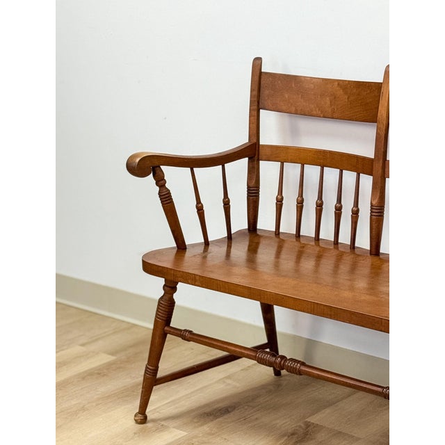 Vintage Maple Spindle Two-Seat Bench Double Crest Turned Legs Farmhouse For Sale - Image 11 of 18