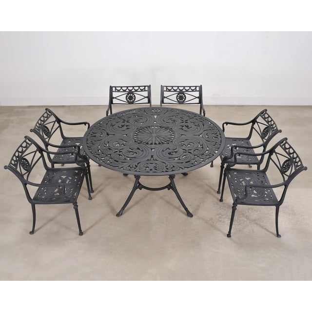 Neoclassical Kenneth Lynch Style Star and Dolphin Garden Table and Six Chairs For Sale - Image 3 of 18