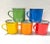 A vibrant set of five 1950s enamelware camp mugs in classic rainbow hues, produced in Hong Kong during the height of mid-...