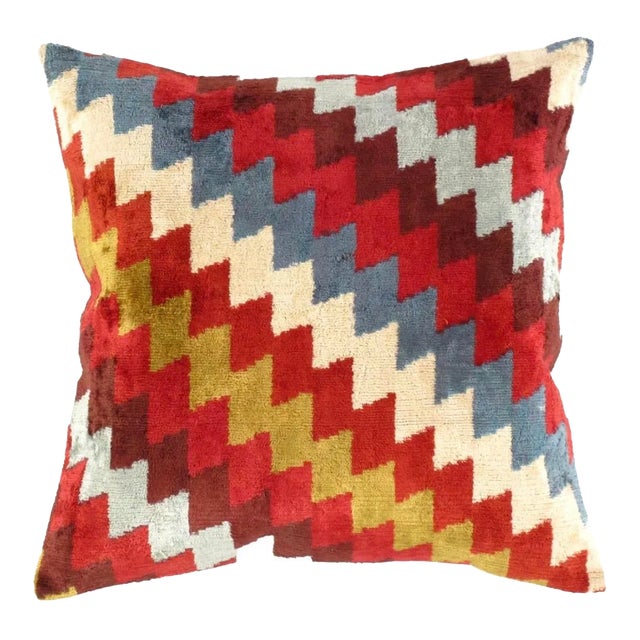 Contemporary Bohemian Multi Colors Velvet Ikat Pillow For Sale