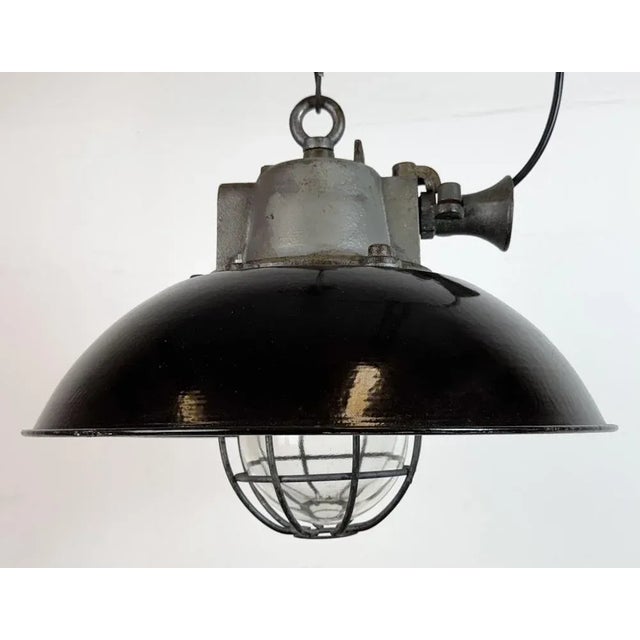 Industrial Black Enamel and Cast Iron Cage Pendant Light from Elektrosvit, 1960s For Sale - Image 6 of 18