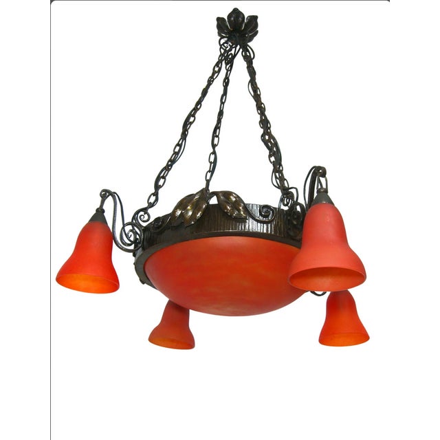 French Art Deco Art Nouveau Pate de Verre Chandelier, 1980s For Sale - Image 11 of 11