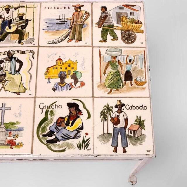 Antique Arts & Crafts Spanish Wrought Iron & Tile Top Table, Genre Scenes, 1930 For Sale - Image 16 of 18