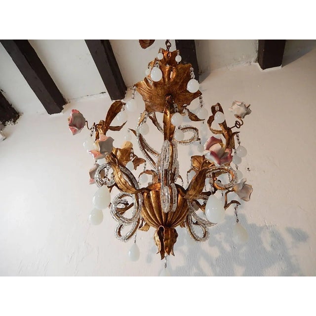 French Tole Beaded Roses and White Opaline Drops Chandelier For Sale - Image 6 of 10