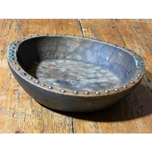 Folk Art Antique Primitive Hand-Carved Wooden Bowl With Folk Art Wire Stitching and Brass Studded Rim For Sale - Image 3 of 9